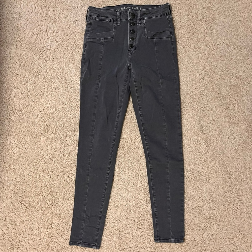👖2/$35 American Eagle Hi-rise Next Level Stretch Grey Skinny Jeans Size 6